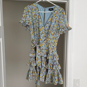 Lulu's Blue Floral Wrap Dress with Ruffles size M